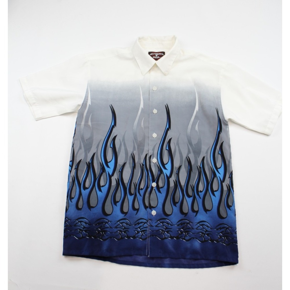 Vintage Grunge Y2K Silver Point Men's S White Blue Flame Tribal Button-Up Shirt